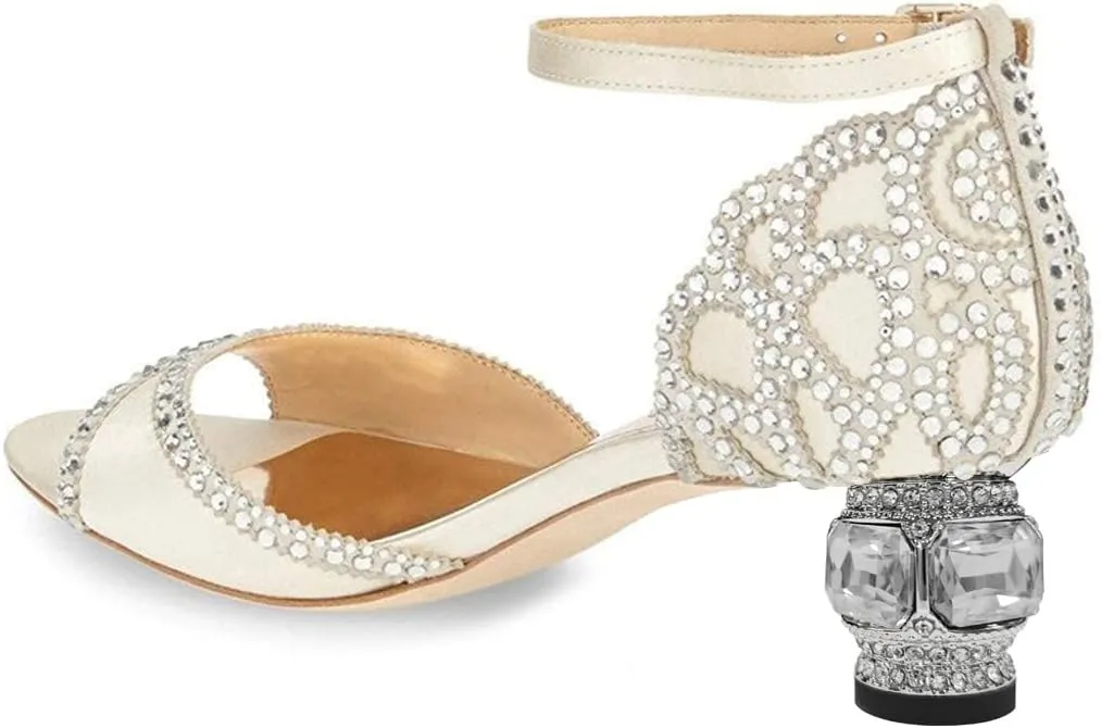 XYD Women Bridal Evening Heels Peep Toe Rhinestone Studs Block Low Heeled Sandals Ankle Strap Elegant Shoes for Wedding Party Dinner
