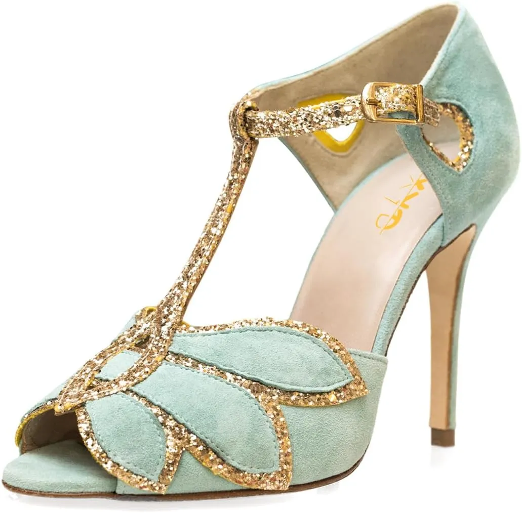 XYD Women Glitter Butterfly T-Strap Sandals Peep Toe D'Orsay Stiletto High Heels Ballroom Dance Retro Shoes