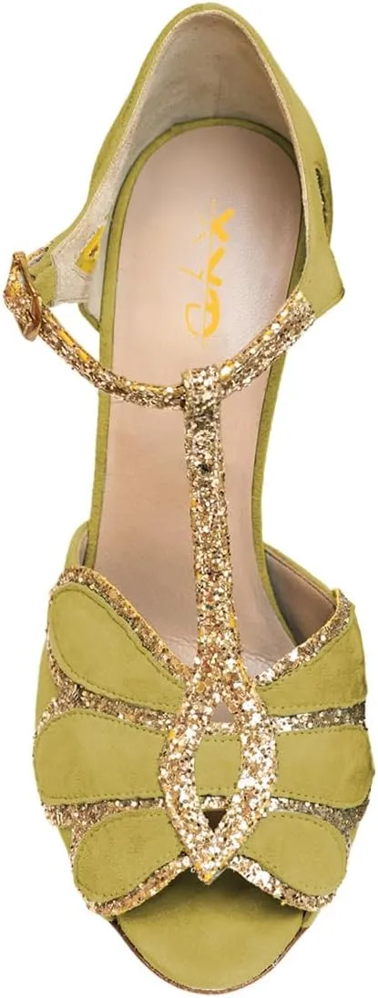 XYD Women Glitter Butterfly T-Strap Sandals Peep Toe D'Orsay Stiletto High Heels Ballroom Dance Retro Shoes