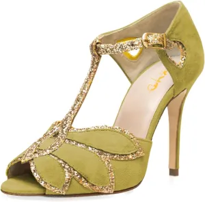 XYD Women Glitter Butterfly T-Strap Sandals Peep Toe D'Orsay Stiletto High Heels Ballroom Dance Retro Shoes