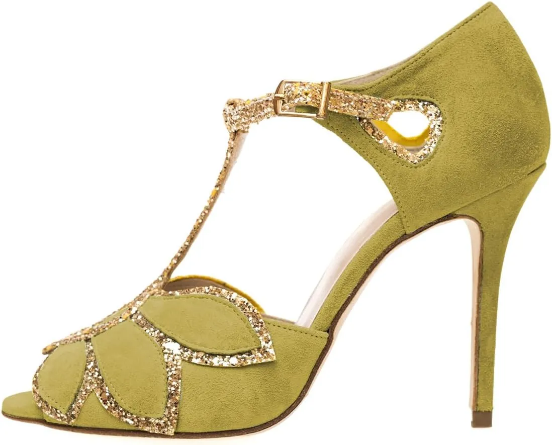 XYD Women Glitter Butterfly T-Strap Sandals Peep Toe D'Orsay Stiletto High Heels Ballroom Dance Retro Shoes