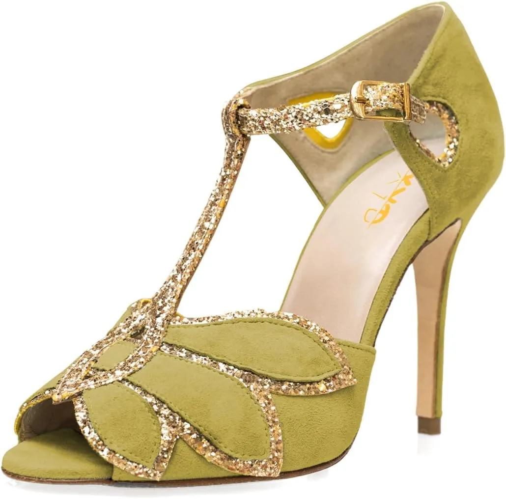 XYD Women Glitter Butterfly T-Strap Sandals Peep Toe D'Orsay Stiletto High Heels Ballroom Dance Retro Shoes