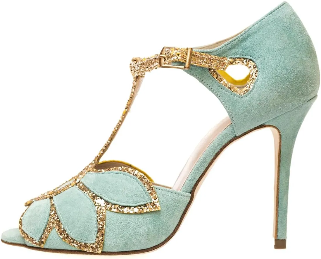XYD Women Glitter Butterfly T-Strap Sandals Peep Toe D'Orsay Stiletto High Heels Ballroom Dance Retro Shoes