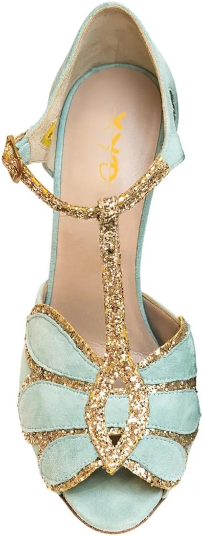 XYD Women Glitter Butterfly T-Strap Sandals Peep Toe D'Orsay Stiletto High Heels Ballroom Dance Retro Shoes
