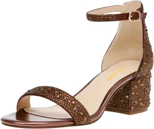 XYD Women Open Toe Studded Rhinestone Low Block Heel Bejeweled Sandal Pumps Ankle Strap Buckled Sparkling Wedding Bridal Dress Evening Shoes