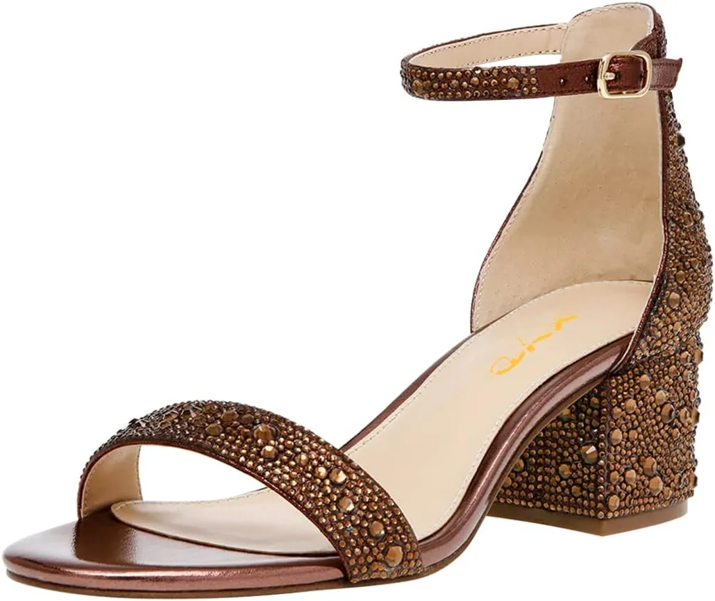 XYD Women Open Toe Studded Rhinestone Low Block Heel Bejeweled Sandal Pumps Ankle Strap Buckled Sparkling Wedding Bridal Dress Evening Shoes