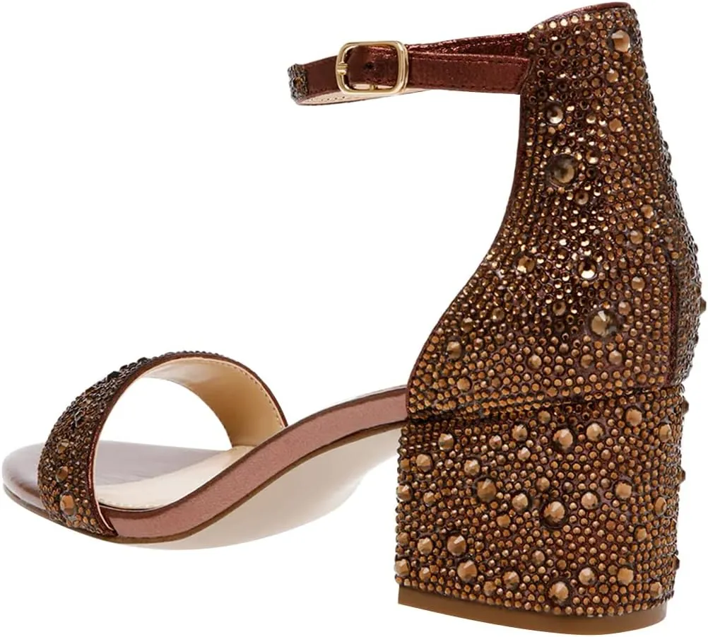 XYD Women Open Toe Studded Rhinestone Low Block Heel Bejeweled Sandal Pumps Ankle Strap Buckled Sparkling Wedding Bridal Dress Evening Shoes