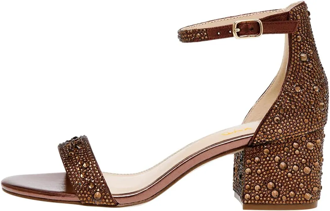 XYD Women Open Toe Studded Rhinestone Low Block Heel Bejeweled Sandal Pumps Ankle Strap Buckled Sparkling Wedding Bridal Dress Evening Shoes