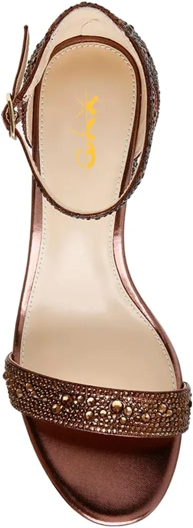 XYD Women Open Toe Studded Rhinestone Low Block Heel Bejeweled Sandal Pumps Ankle Strap Buckled Sparkling Wedding Bridal Dress Evening Shoes
