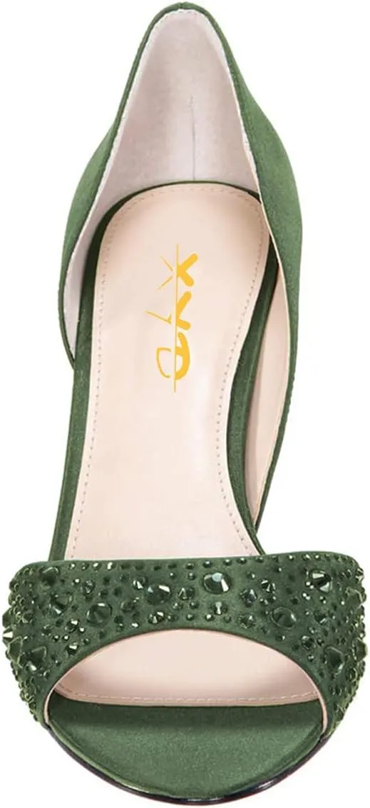 XYD Women Peep Toe Rhinestones Crystals D'Orsay Sandals Mid Thin Heels Slip-on Bridal Evening Satin Shoes