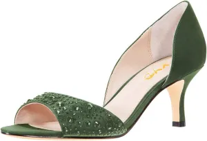 XYD Women Peep Toe Rhinestones Crystals D'Orsay Sandals Mid Thin Heels Slip-on Bridal Evening Satin Shoes