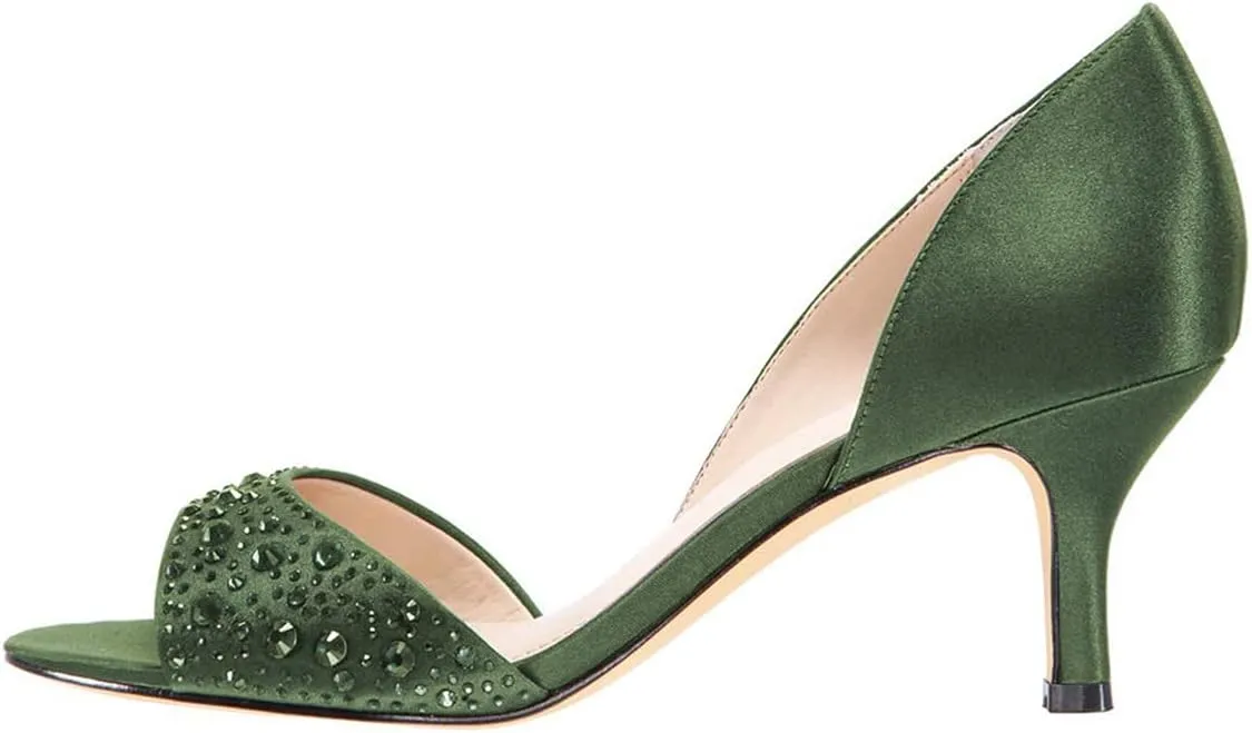XYD Women Peep Toe Rhinestones Crystals D'Orsay Sandals Mid Thin Heels Slip-on Bridal Evening Satin Shoes