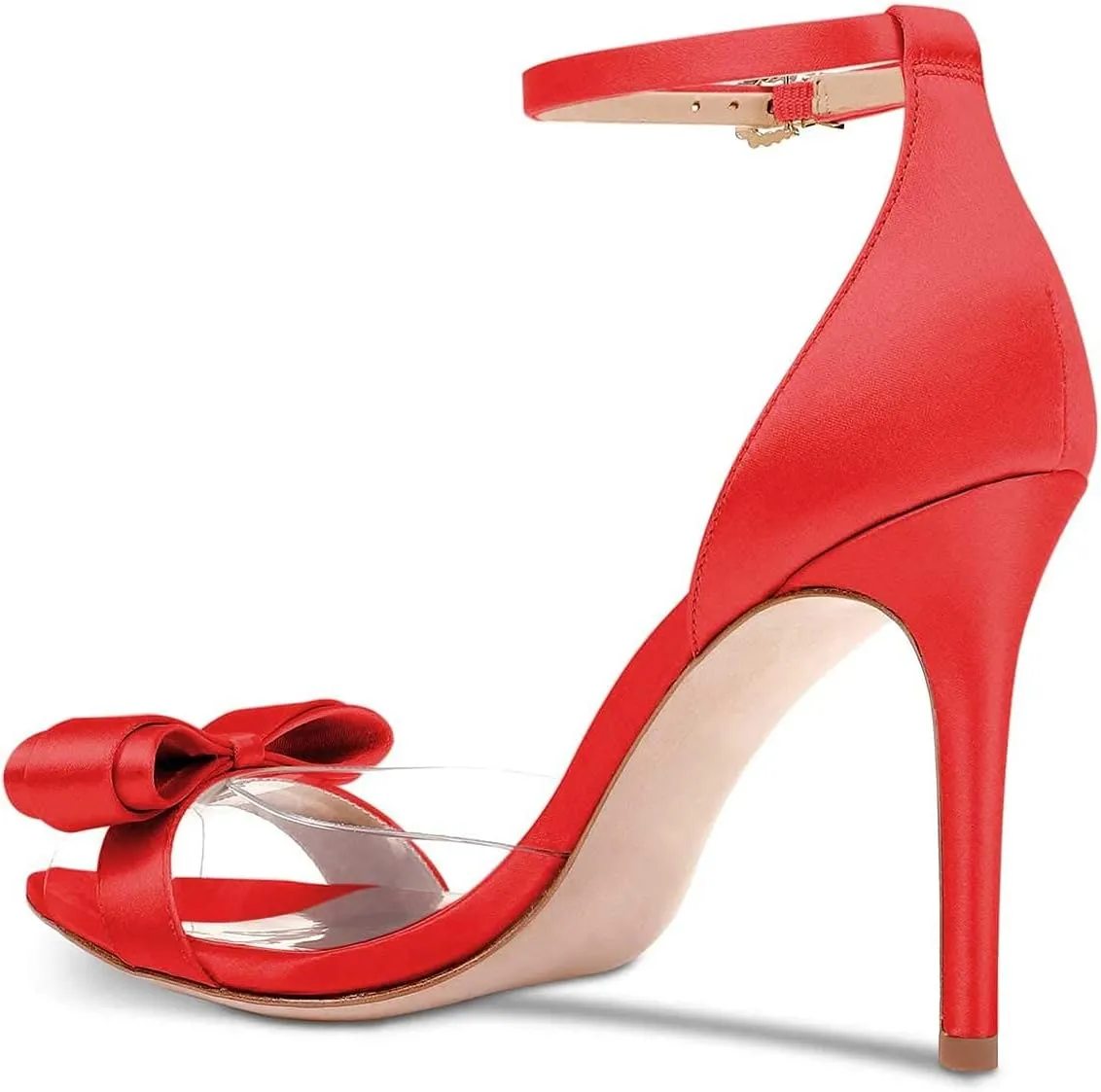 XYD Women Pointy Peep Toe Stiletto High Heels Ankle Strap Bows Sandals PVC Satin D'Orsay Pumps