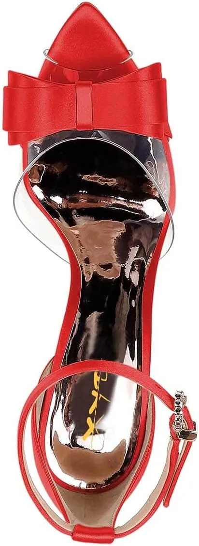 XYD Women Pointy Peep Toe Stiletto High Heels Ankle Strap Bows Sandals PVC Satin D'Orsay Pumps