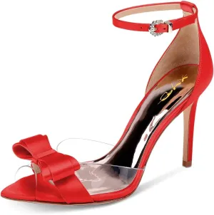 XYD Women Pointy Peep Toe Stiletto High Heels Ankle Strap Bows Sandals PVC Satin D'Orsay Pumps