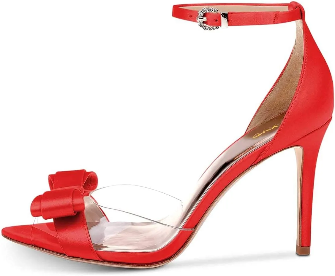 XYD Women Pointy Peep Toe Stiletto High Heels Ankle Strap Bows Sandals PVC Satin D'Orsay Pumps