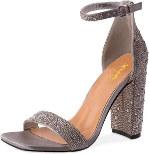 XYD Women Square Open Toe Studded Rhinestone High Block Heel Bejeweled Sandal Pumps Ankle Strap Buckled Sparkling Wedding Bridal Dress Evening Shoes
