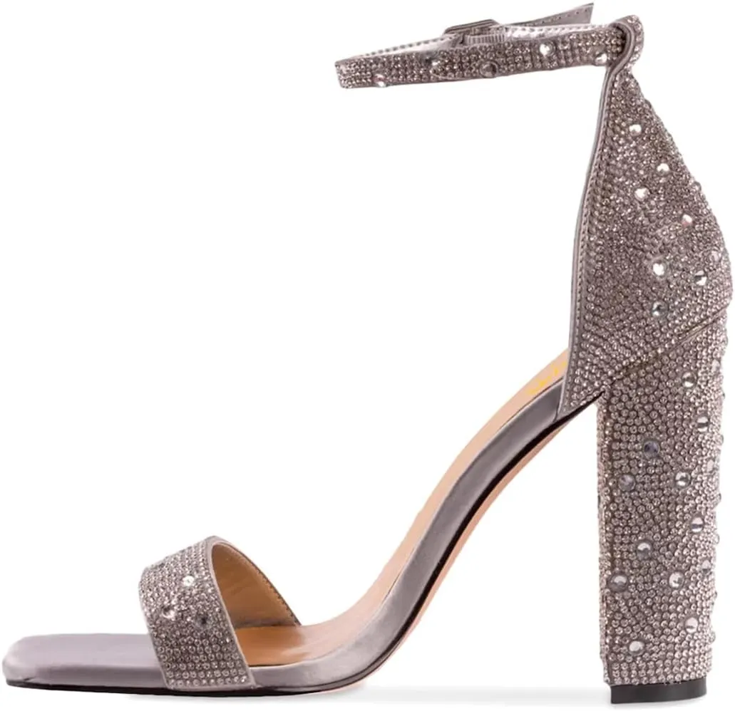 XYD Women Square Open Toe Studded Rhinestone High Block Heel Bejeweled Sandal Pumps Ankle Strap Buckled Sparkling Wedding Bridal Dress Evening Shoes