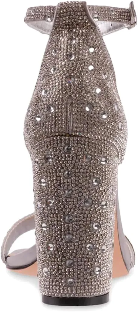 XYD Women Square Open Toe Studded Rhinestone High Block Heel Bejeweled Sandal Pumps Ankle Strap Buckled Sparkling Wedding Bridal Dress Evening Shoes