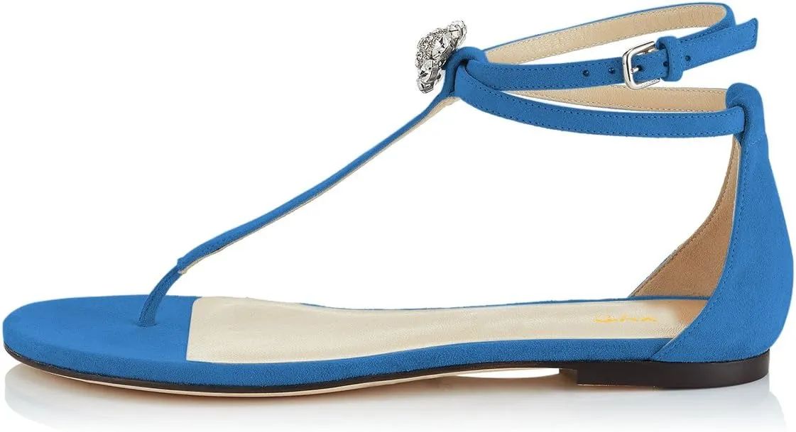 XYD Women T-Strap Thong Rhinestone Sandal Flats Rhinestone Flip Flop Ankle Strap Summer Beach Dress Shoes