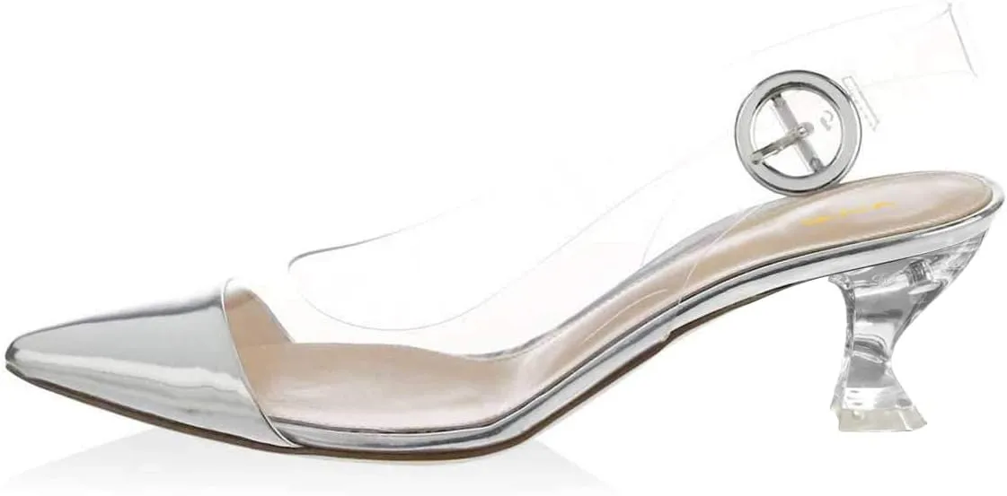 XYD Women Transparent Slingback Clear Low Heels Pumps Pointed Toe PVC Dress Block Sandals Shoes with Buckle