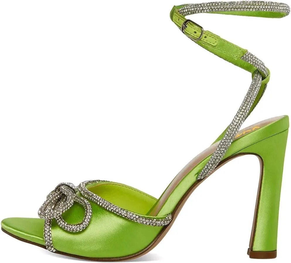 XYD Women's Open Toe Sandals with Wrap Around Ankle Strappy Rhinestone Bow Knot Thick High Heels Shoes Chic Evening Party Pumps