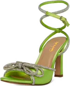 XYD Women's Open Toe Sandals with Wrap Around Ankle Strappy Rhinestone Bow Knot Thick High Heels Shoes Chic Evening Party Pumps