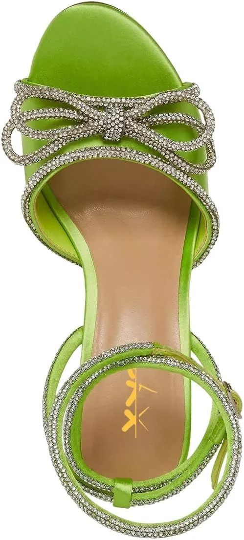 XYD Women's Open Toe Sandals with Wrap Around Ankle Strappy Rhinestone Bow Knot Thick High Heels Shoes Chic Evening Party Pumps