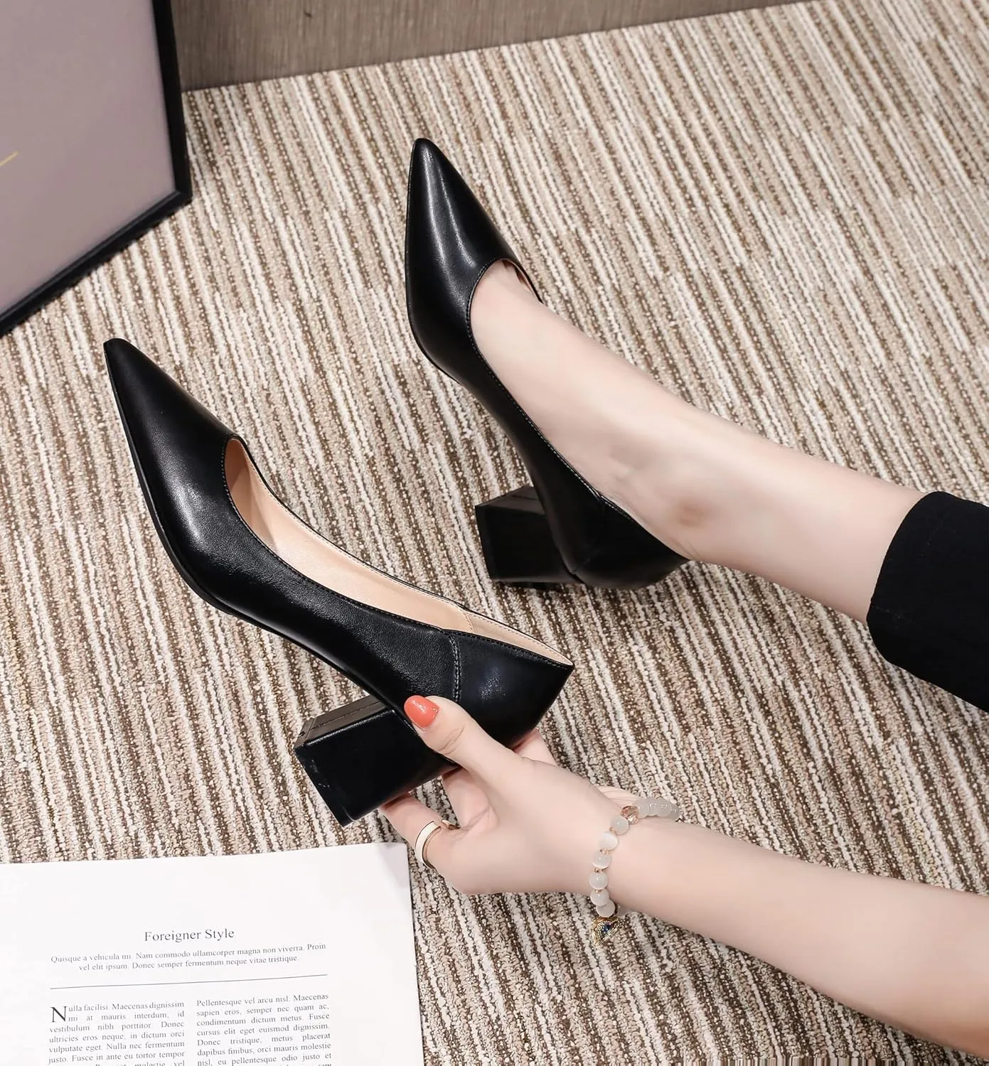 YooPrettyz Women Pointed Toe Dressy Pumps Sleek Leather Office Low Heels Go to Pumps Foldable Block Heels