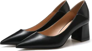 YooPrettyz Women Pointed Toe Dressy Pumps Sleek Leather Office Low Heels Go to Pumps Foldable Block Heels