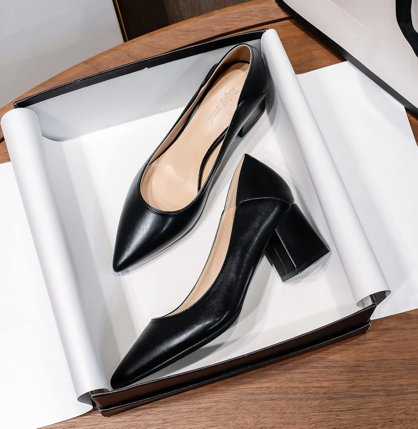 YooPrettyz Women Pointed Toe Dressy Pumps Sleek Leather Office Low Heels Go to Pumps Foldable Block Heels
