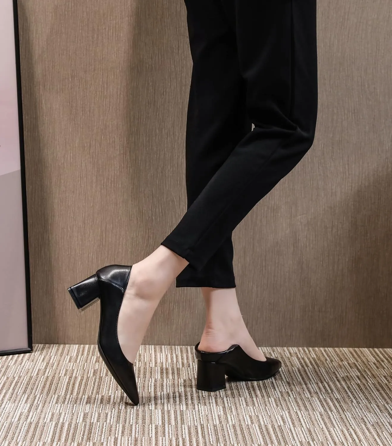 YooPrettyz Women Pointed Toe Dressy Pumps Sleek Leather Office Low Heels Go to Pumps Foldable Block Heels