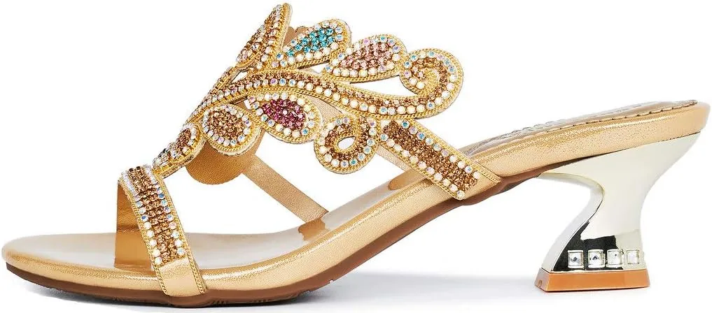 YooPrettyz Women Round Toe Leaf Leather Heeled Sandal Slip On Dress Low Heels
