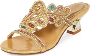 YooPrettyz Women Round Toe Leaf Leather Heeled Sandal Slip On Dress Low Heels