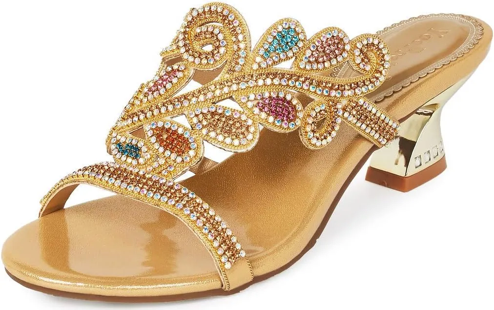 YooPrettyz Women Round Toe Leaf Leather Heeled Sandal Slip On Dress Low Heels