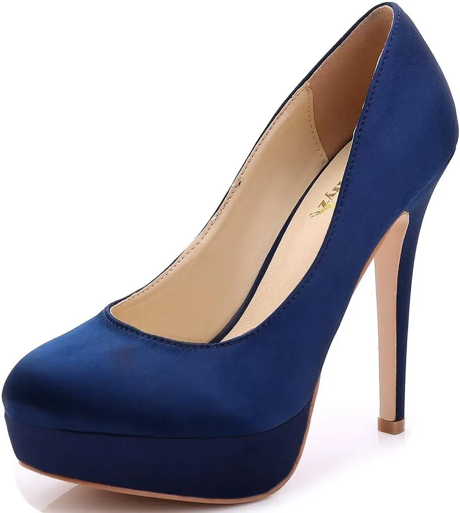 YooPrettyz Women Round Toe Wedding Pumps Platform Satin Stiletto Slip On Evening Heels