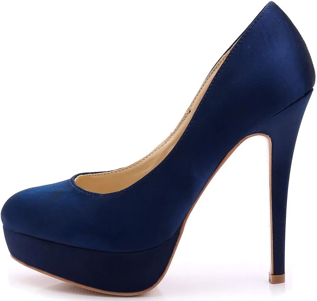 YooPrettyz Women Round Toe Wedding Pumps Platform Satin Stiletto Slip On Evening Heels