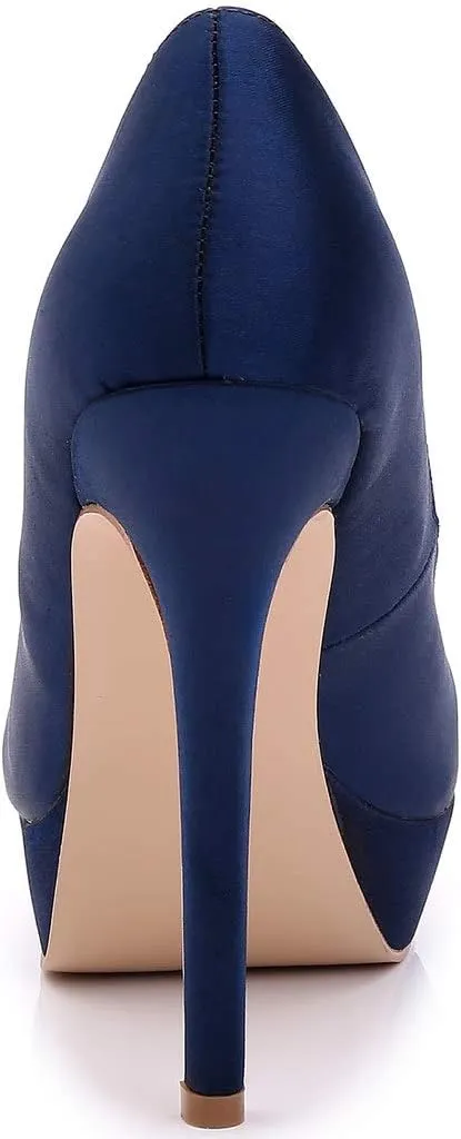 YooPrettyz Women Round Toe Wedding Pumps Platform Satin Stiletto Slip On Evening Heels