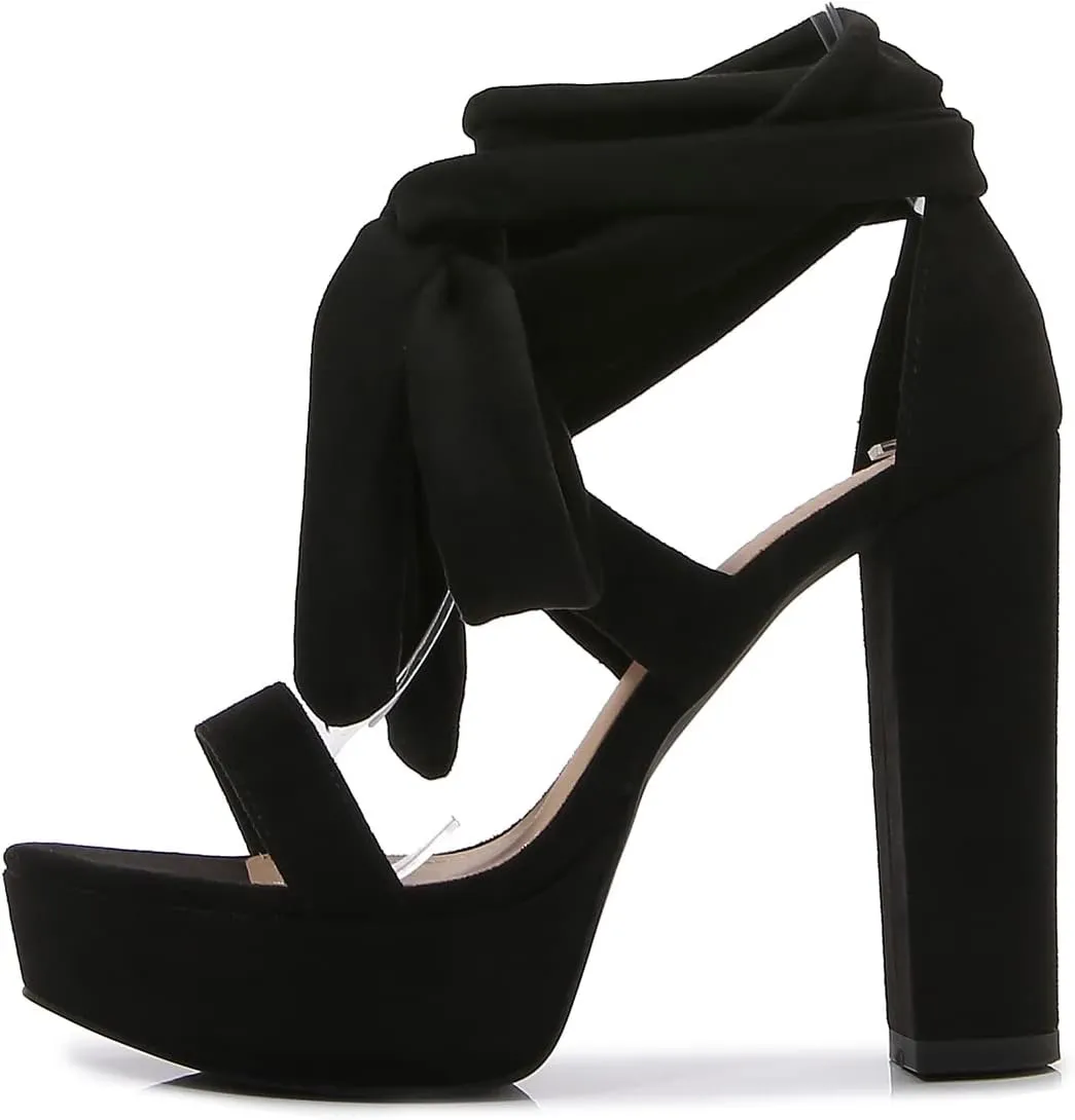YooPrettyz Women Suede Platform Stiletto Heels Crisscrossed Straps Lace Up Finish Classic Chunky Heels