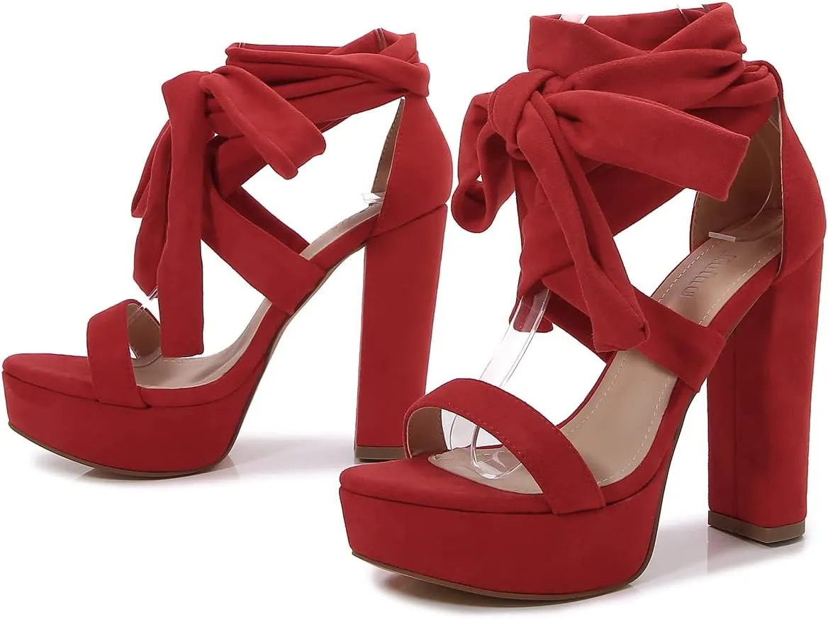 YooPrettyz Women Suede Platform Stiletto Heels Crisscrossed Straps Lace Up Finish Classic Chunky Heels