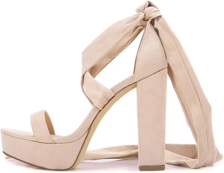 YooPrettyz Women Suede Platform Stiletto Heels Crisscrossed Straps Lace Up Finish Classic Chunky Heels