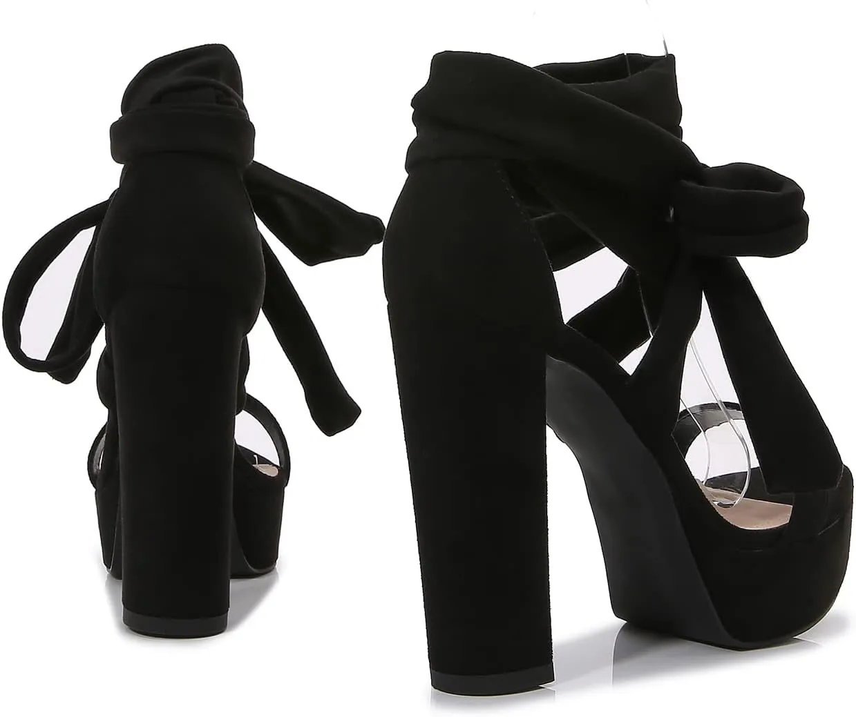 YooPrettyz Women Suede Platform Stiletto Heels Crisscrossed Straps Lace Up Finish Classic Chunky Heels