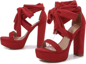 YooPrettyz Women Suede Platform Stiletto Heels Crisscrossed Straps Lace Up Finish Classic Chunky Heels