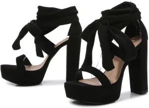 YooPrettyz Women Suede Platform Stiletto Heels Crisscrossed Straps Lace Up Finish Classic Chunky Heels