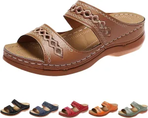 ZWRXW Summer Sandals for Women 2025 Arch Support Orthopedic Sandals Embroidered Vintage Slip On Flip Flops Anti-Slip Breathable Walking Slippers Flat Comfortable Wedge Sandal
